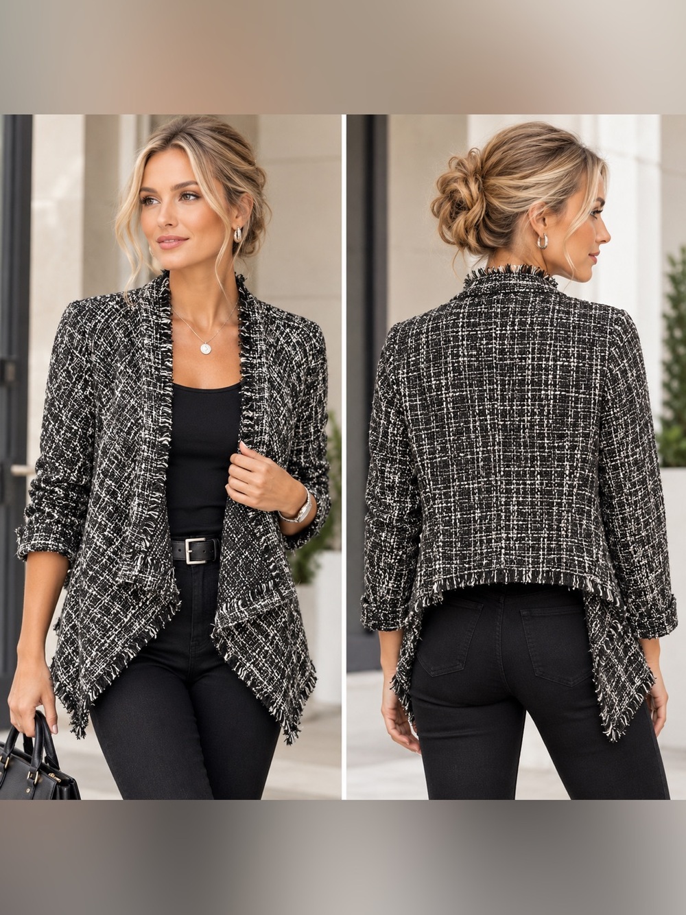 m.style Collection m.style Tweed Fringe Blazer Black & White Medium NWT